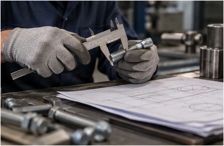 Close-up metal bolt caliper inspection and technical drawing documents on industrial workbench